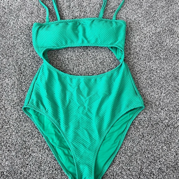 Aerie Jacquard Cut Out Strapless One Piece Swimsuit Green Dazzle Size M - Picture 3 of 11